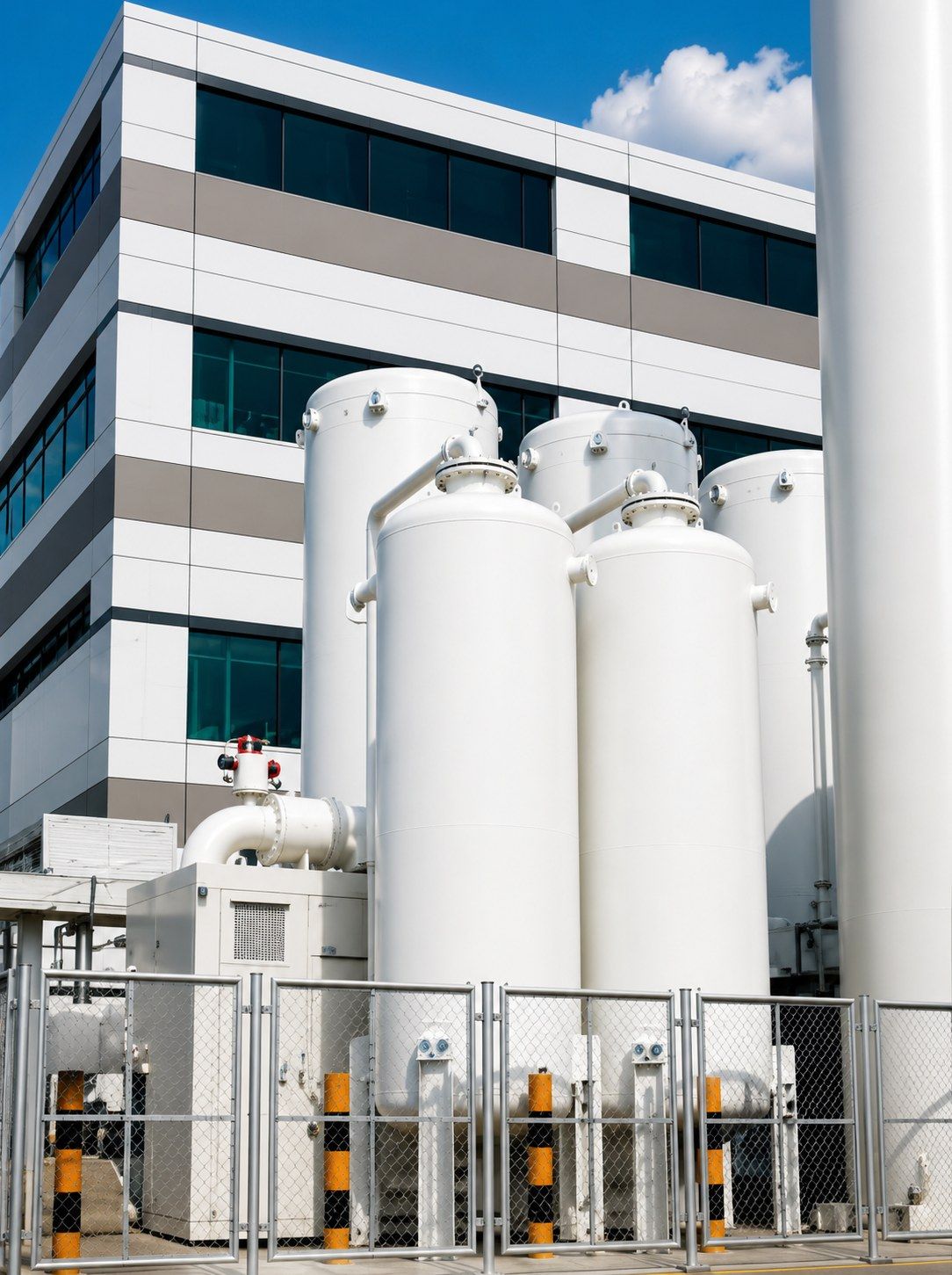 Depósitos criogénicos verticales de una planta industrial de gases junto al edificio de proceso