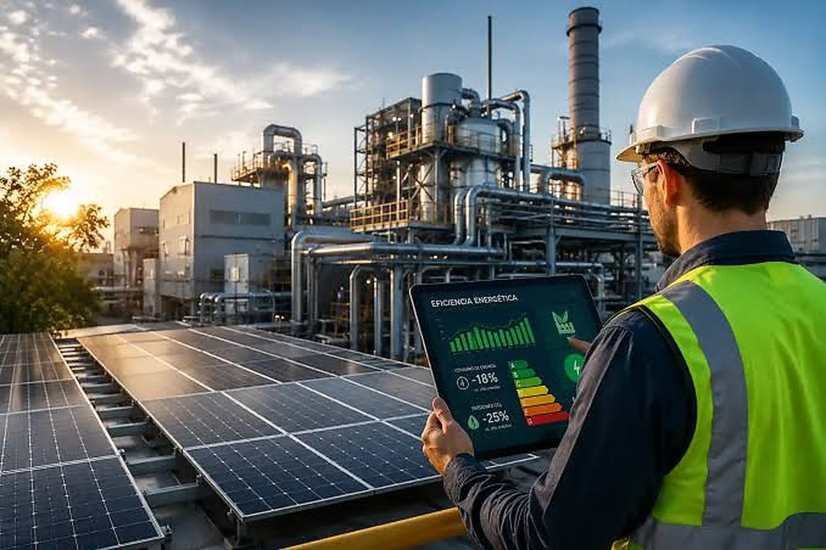 Técnico revisando un cuadro de eficiencia energética en una tableta, con paneles solares y una planta industrial al fondo